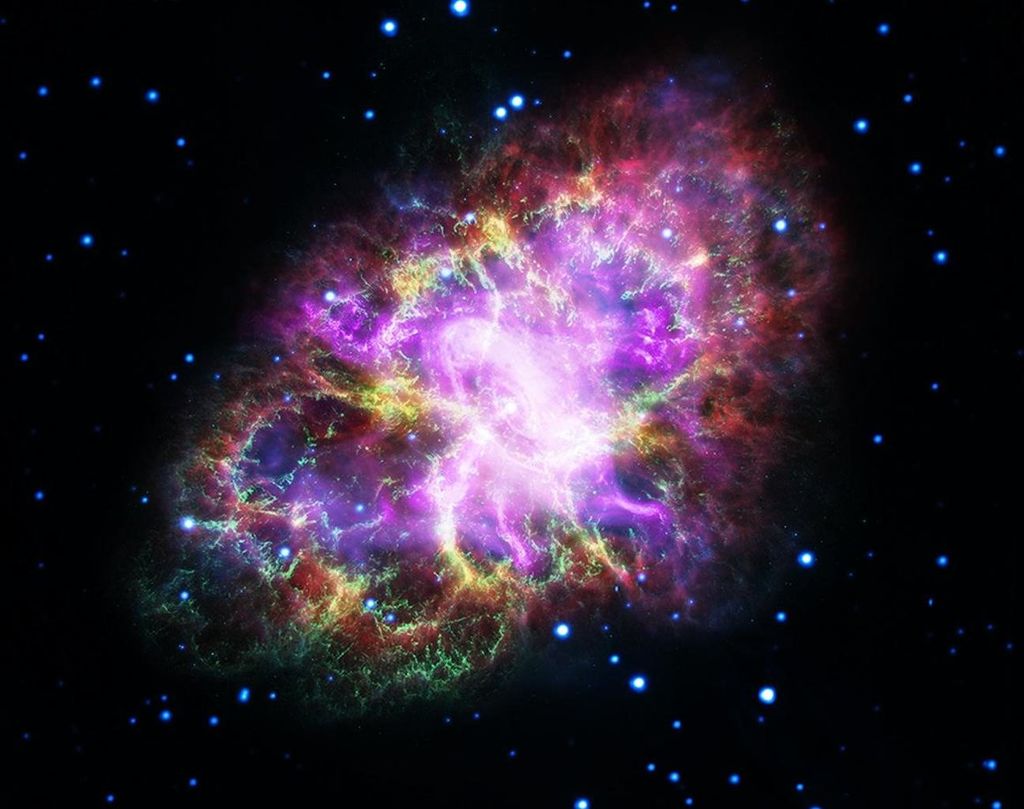 Hubble Space Telescope This image of the Crab Nebula combines data from five different telescopes. It is know as the expanding gaseous remnant from a star that self-detonated as a supernova, briefly shining as brightly as 400 million suns. 