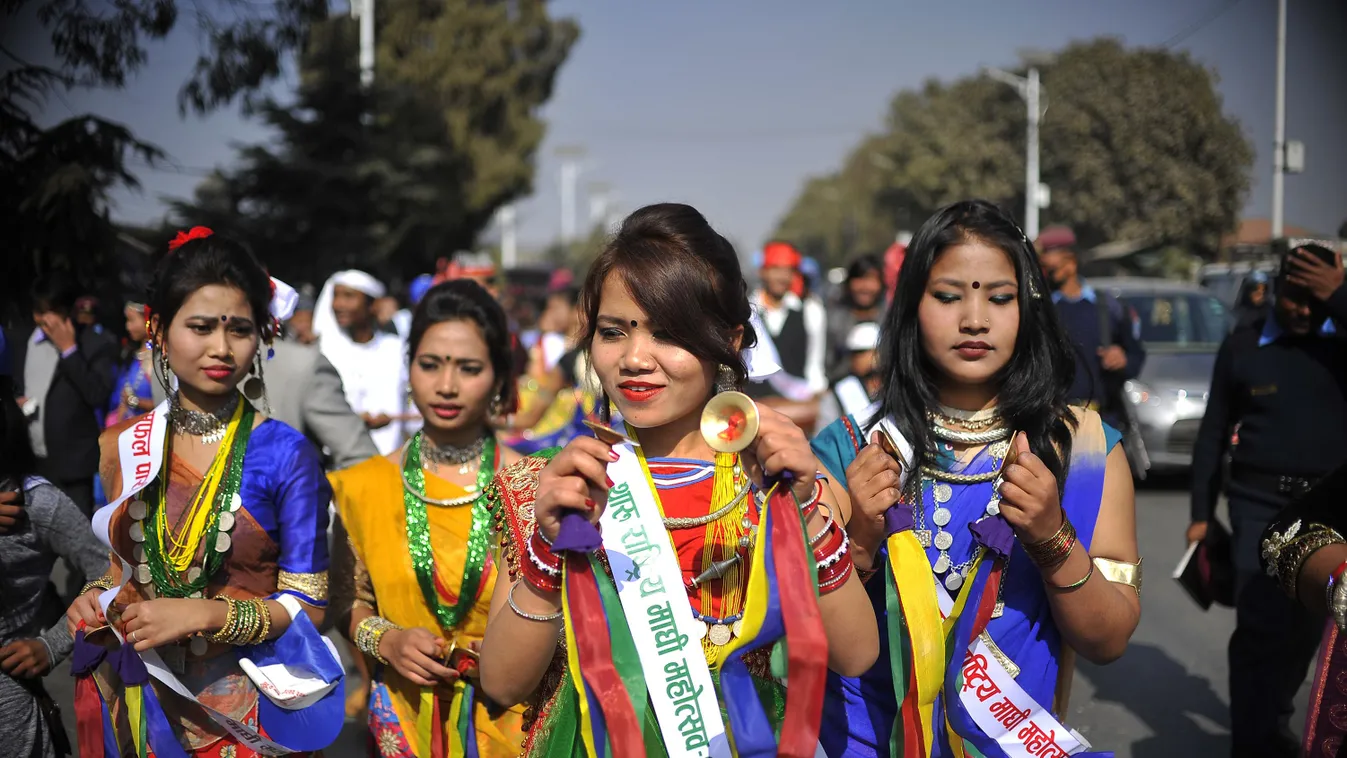 Maghi Festival mark New Year Nepalese  Tharu Magar. Nepalese People Maghi Maghe Maghi Festival FESTIVAL Festive Culture COMMEMORATION Celebrate HINDU Tharu community Maghi Sankranti Kathmandu Nepal India Smile honor RALLY parade traditional attire attire 