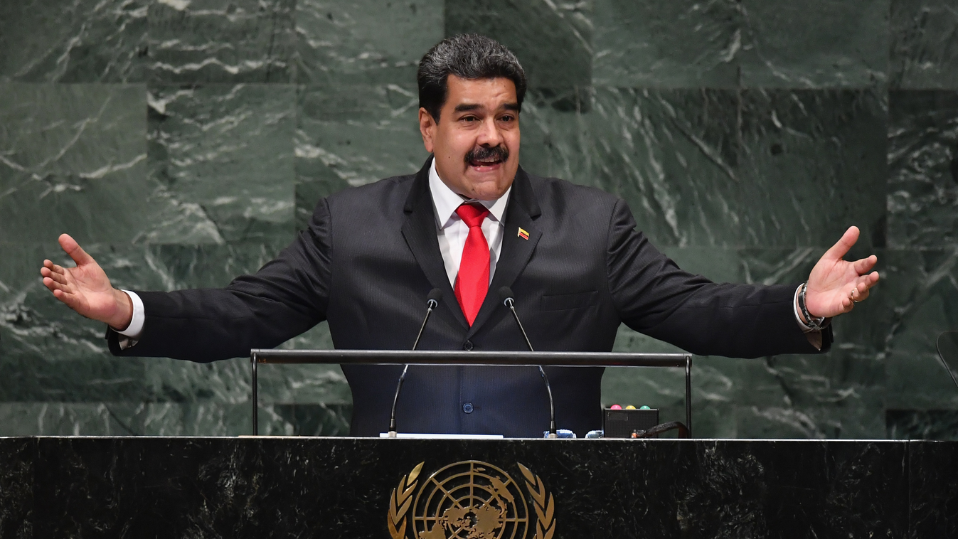Horizontal HEADSHOT Venezuela's President Nicolas Maduro addresses the General Debate of the 73rd session of the General Assembly at the United Nations in New York on September 26, 2018.  / AFP PHOTO / Angela Weiss 