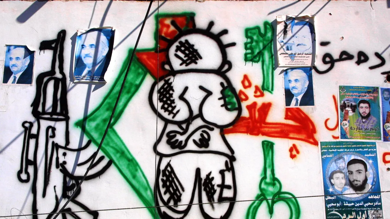 MIDEAST-PALESTINIAN Horizontal REFUGEE CAMP GRAFFITI EFFIGY PALESTINIAN MURAL DRAWING ILLUSTRATION MIDDLE EAST 