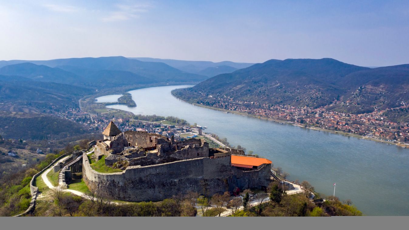 hungary drone castle 
 Visegrad,,Hungary,-,Castle,On,The,Hill,Above,The,Danube aerial photo,country,riverbed,forest,castle,nature,visegrad,burg 