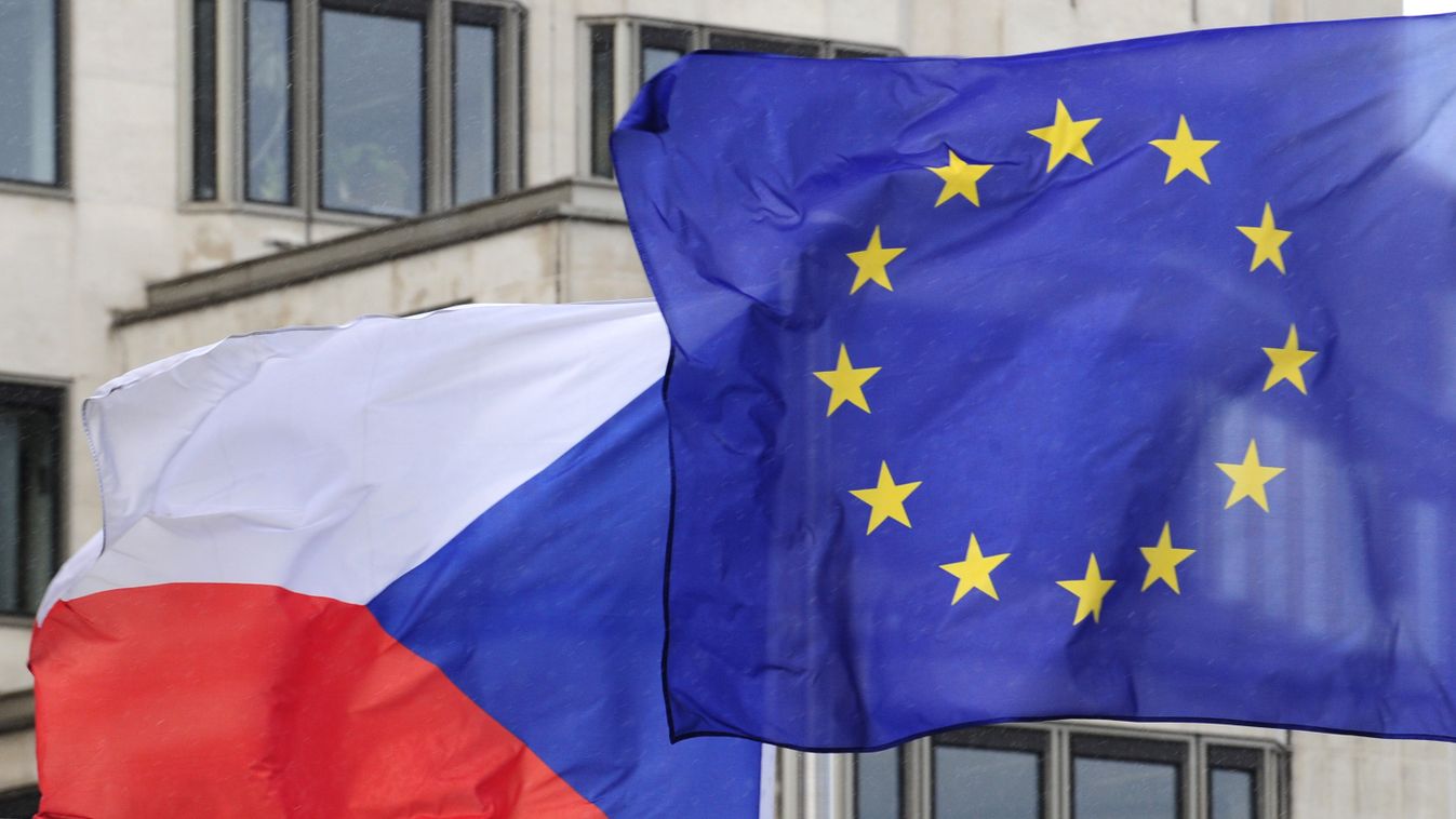 Horizontal Czech and European flags are pictured on March 25, 2009, in font of the European commission headquarter in Brussels. Czech Prime minister Mirek Topolanek centre-right government was toppled by a vote of no confidence in the Czech parliament on 