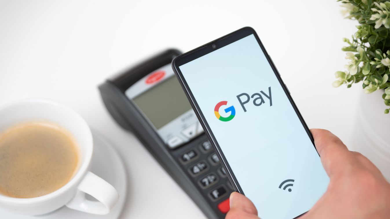 Google Pay, fizetés, 
 Wroclaw,,Poland,-,Nov,06,,2019:,Man,Holding,Smartphone,With shop,smartphone,data,pinpad,gadget,android,screen,global,illustr 