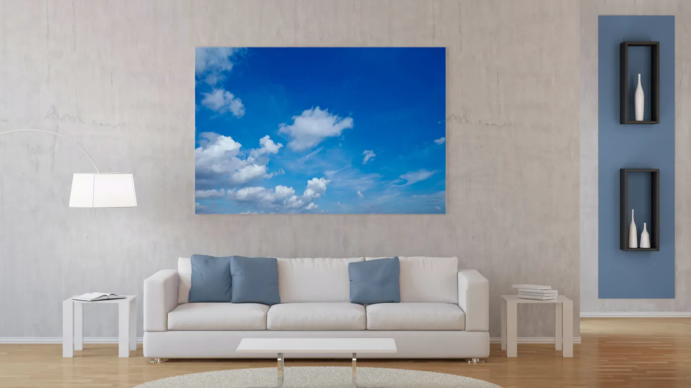 Interior of living room with photo on canvas room interior canvas picture clouds interior decoration living room wall carpet sofa photo sky blue white inside home pillow modern at home frame design furniture couch table contemporary lamp 3D render comfort