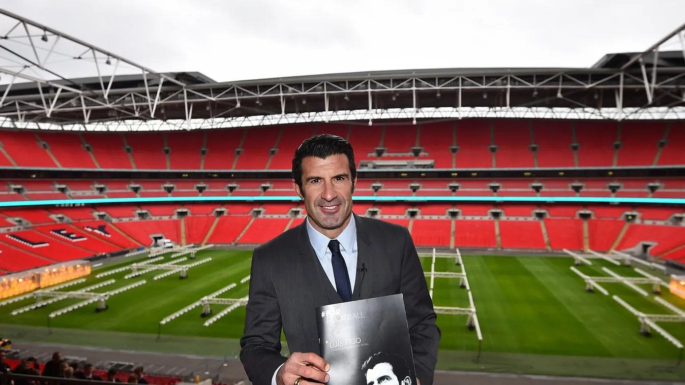Former Portuguese football player and FIFA Presidential Candidate Luis Figo presents his campaign manifesto 'For Football' at the start of his presidential campaign at Wembley Stadium in London on February 19, 2015. The FIFA presidential elections are to 