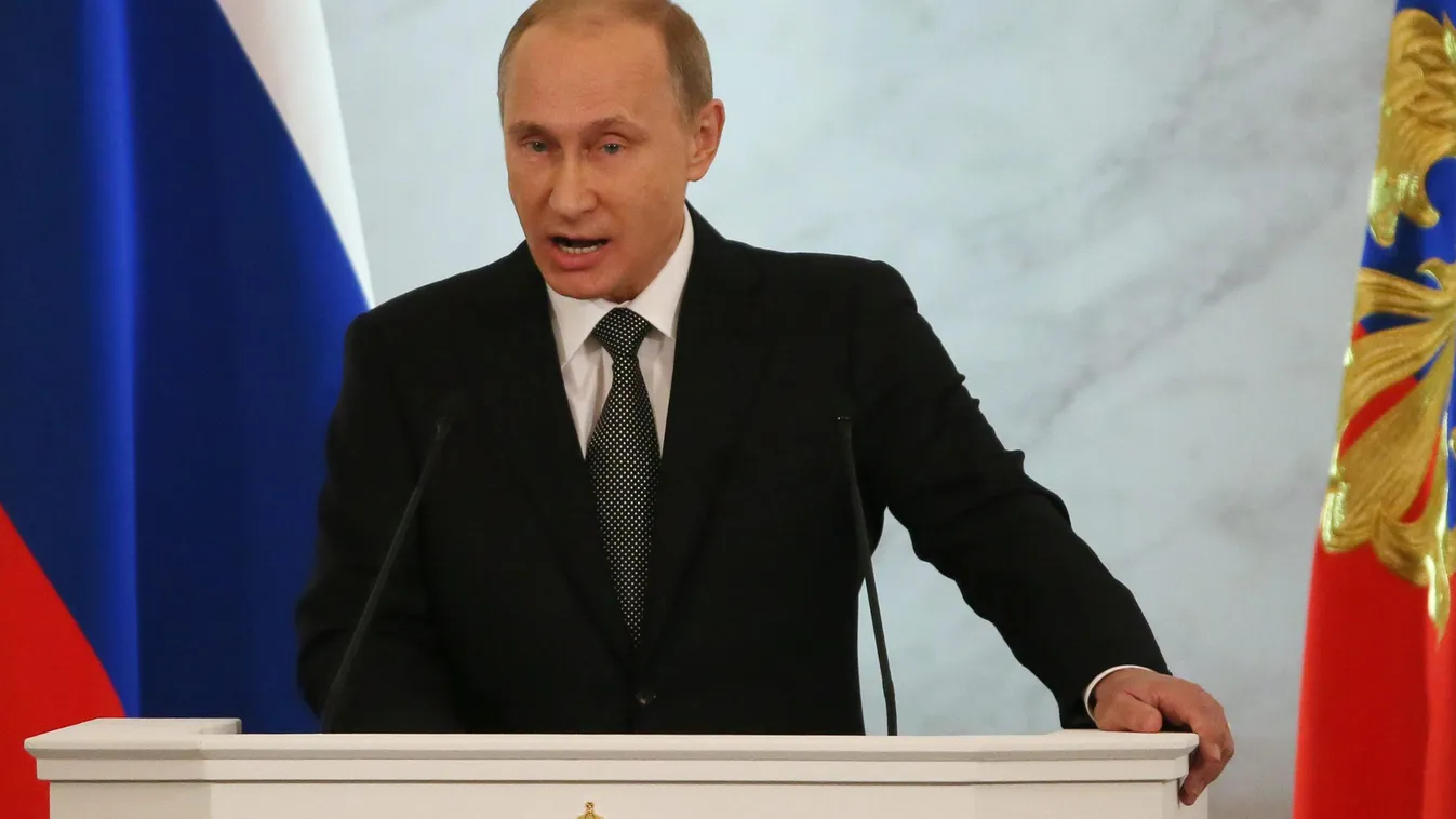 PUTYIN, Vlagyimir Moszkva, 2014. december 4.
Vlagyimir Putyin orosz elnök évértékelő beszédet intéz a parlament felsőházához, a Szövetségi Tanácshoz a moszkvai Kremlben 2014. december 4-én.  (MTI/EPA/Szergej Ilnyickij) 