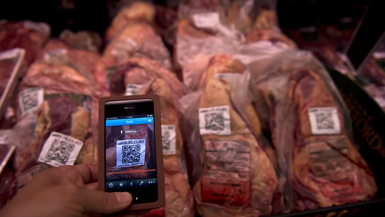 A person reads the QR code of Uruguayan beef at a supermarket in Montevideo on November 02, 2012. The traceability of the meat, which is mandatory in Uruguay, allows to know the grower, the location and features of the ranch where the cows were raised. AF