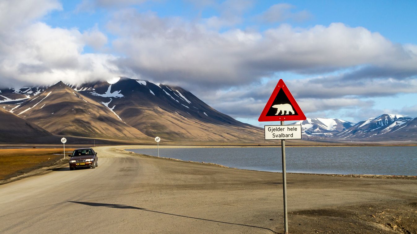 Polar bear sign Longyearbyen Spitzbergen Svalbard ARCTIC Arctic Ocean Atmosphere August Automobile Automobile vehicle BEAR CAR Carnivora sp Carnivoran Carnivorans Carnivore (order) Carnivores (order) Cars CLOUD Clouds Cloudy CLOUDY SKY Coast Coasts Cold o