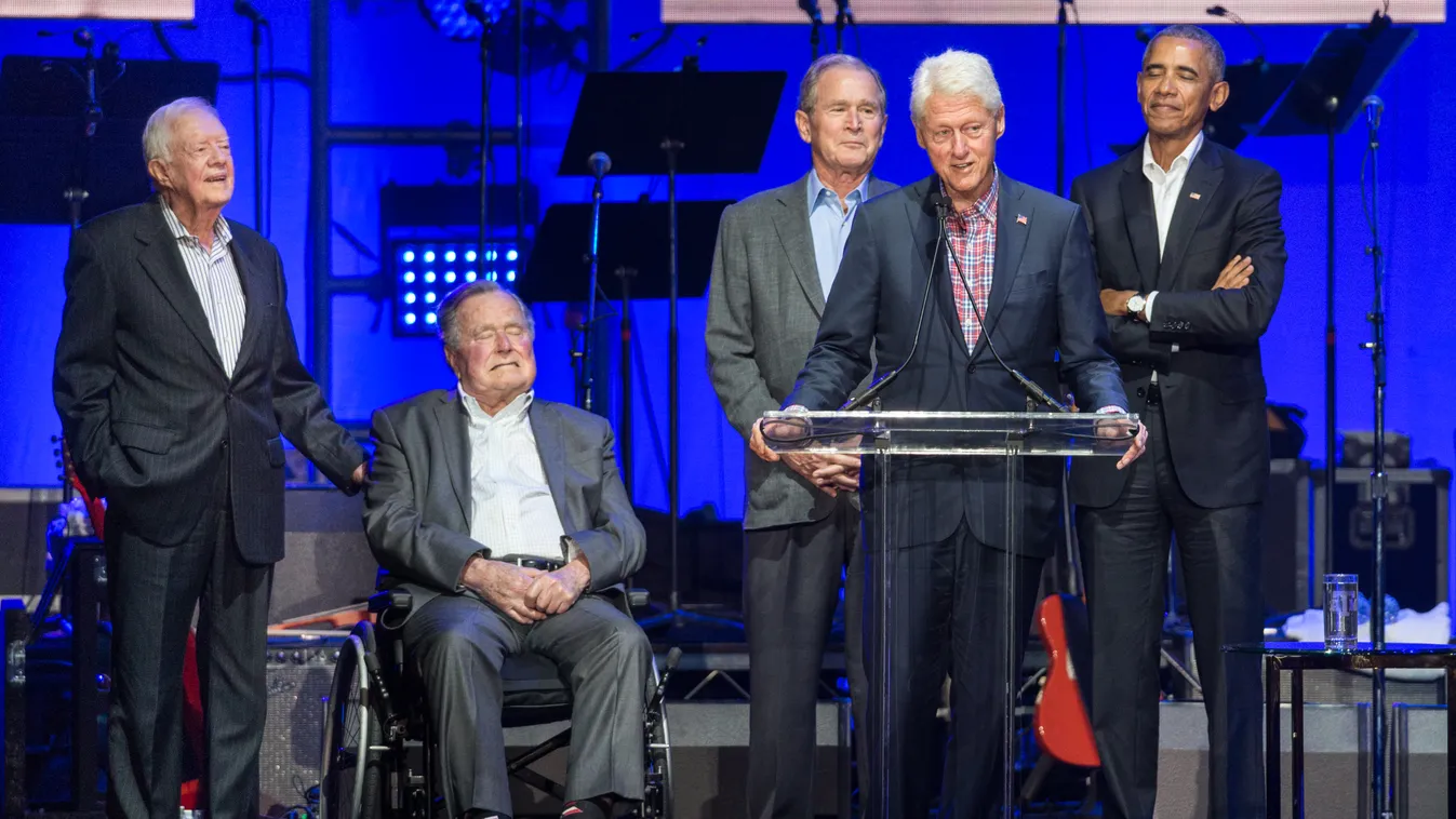 Former Presidents Jimmy Carter, George Bush, George W. Bush,  Bill Clinton and Barack Obama speak at Deep from the Heart: The One America Appeal Concert at Reed Arena, College Station, Texas on Saturday, October 21st, 2017. Horizontal 