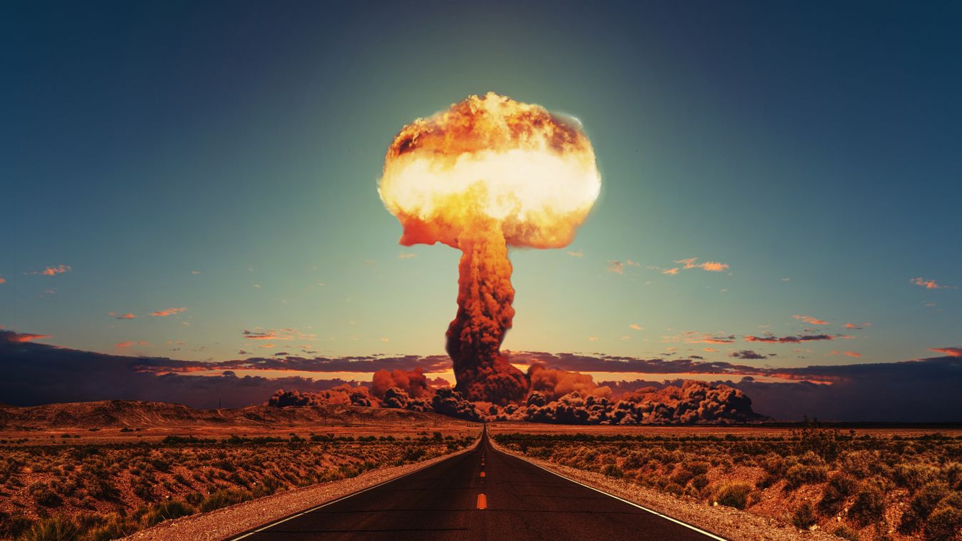 Színes felvétel, nukleáris gombafelhő, robbanás, bomba, illusztráció 