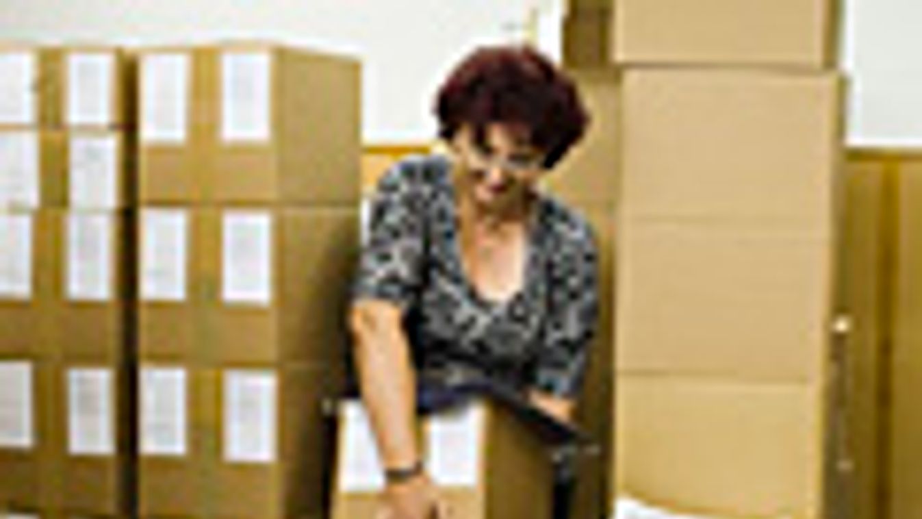 népszámlálás, 2011, Falatovics Lászlóné kérdőívekkel teli dobozt hoz egy kérdezőbiztosnak Nyíregyházán