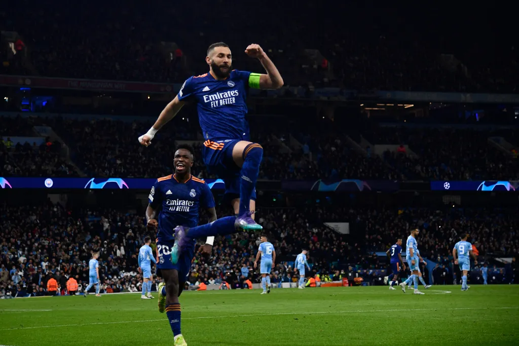 Manchester City v Real Madrid Semi Final Leg One - UEFA Champions League Manchester City Real Madrid Karim Benzema UEFA Champions League Semi Final Leg One match second goal United Kingdom Pics Action/NurPhoto Manchester Stadium sides April Horizontal SPO