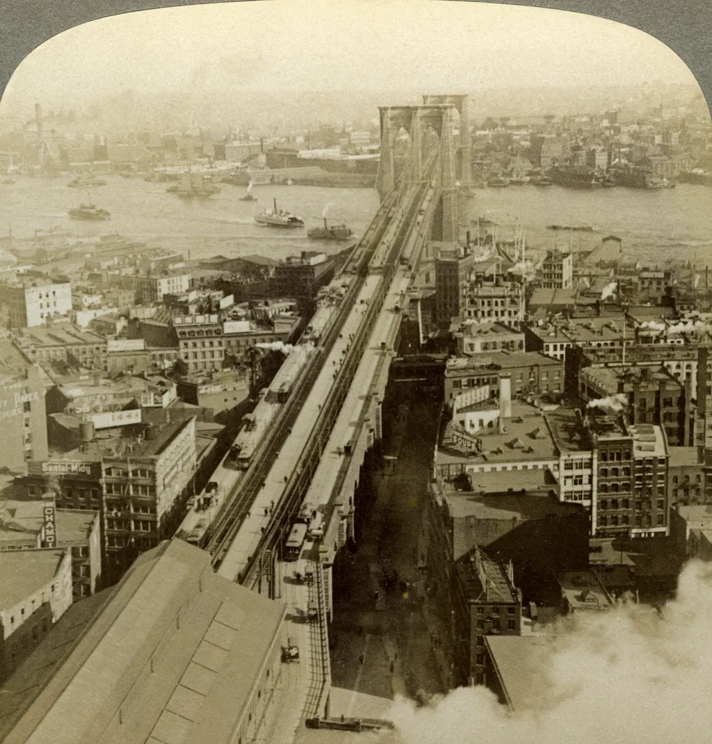 Brooklyn híd, 140, Brooklyn Bridge, New York, USA.Artist: Underwood & Underwood transport transportation water building buildings 