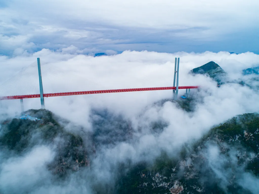Duge bridge 2022.1.  anjiang Bridge set Guinness record as world's highest bridge China Chinese Guizhou Beipanjiang Beipan river bridge highest suspension cable Horizontal 