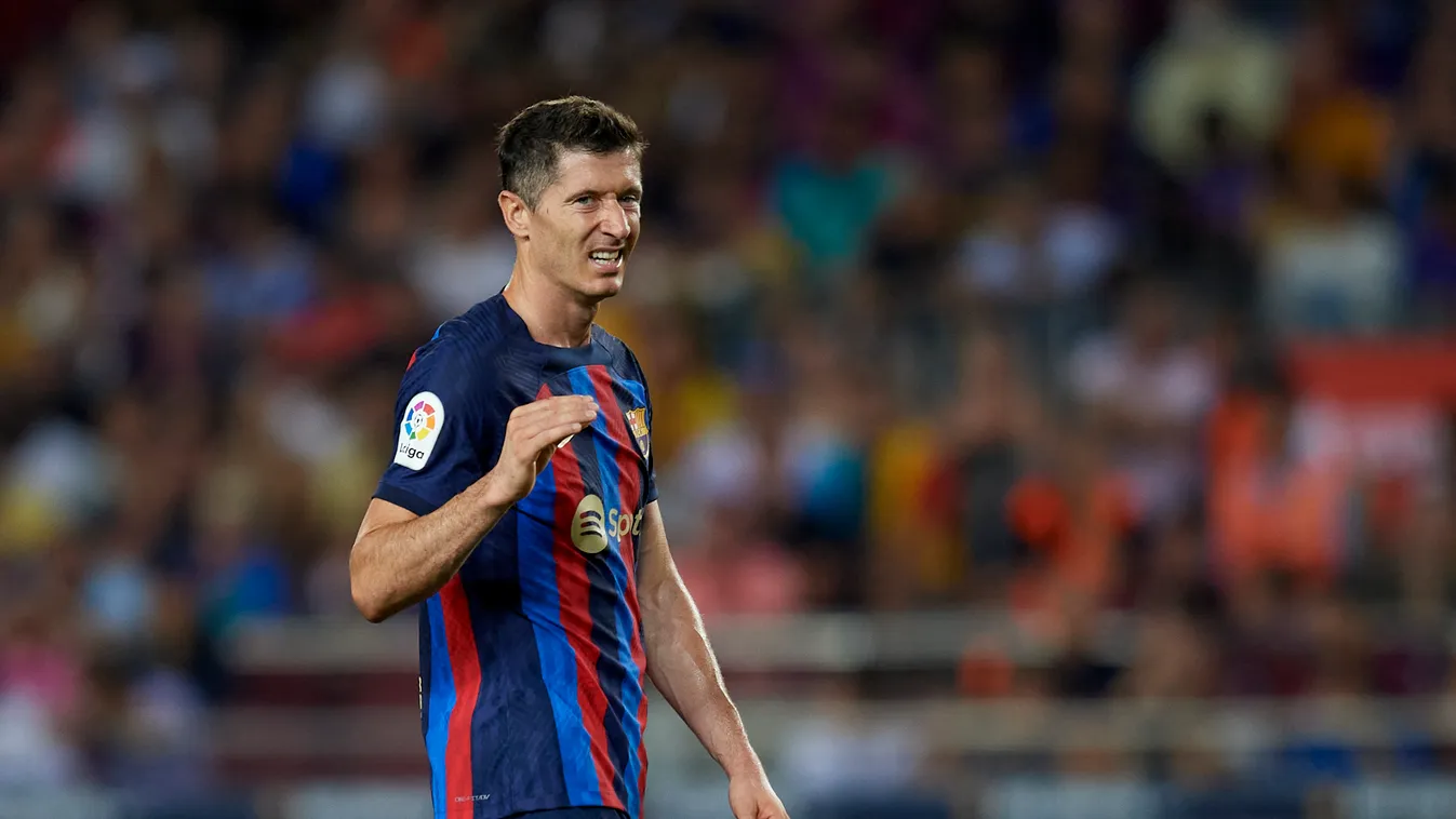 FC Barcelona v Rayo Vallecano - LaLiga Santander soccer La Liga CA FC Barcelona Rayo Vallecano Robert Lewandowski La Liga Santander match Spotify Camp Nou Poland gestures Jose Breton FC Barcelona August Horizontal SPORT FOOTBALL PLAYER PHOTO 