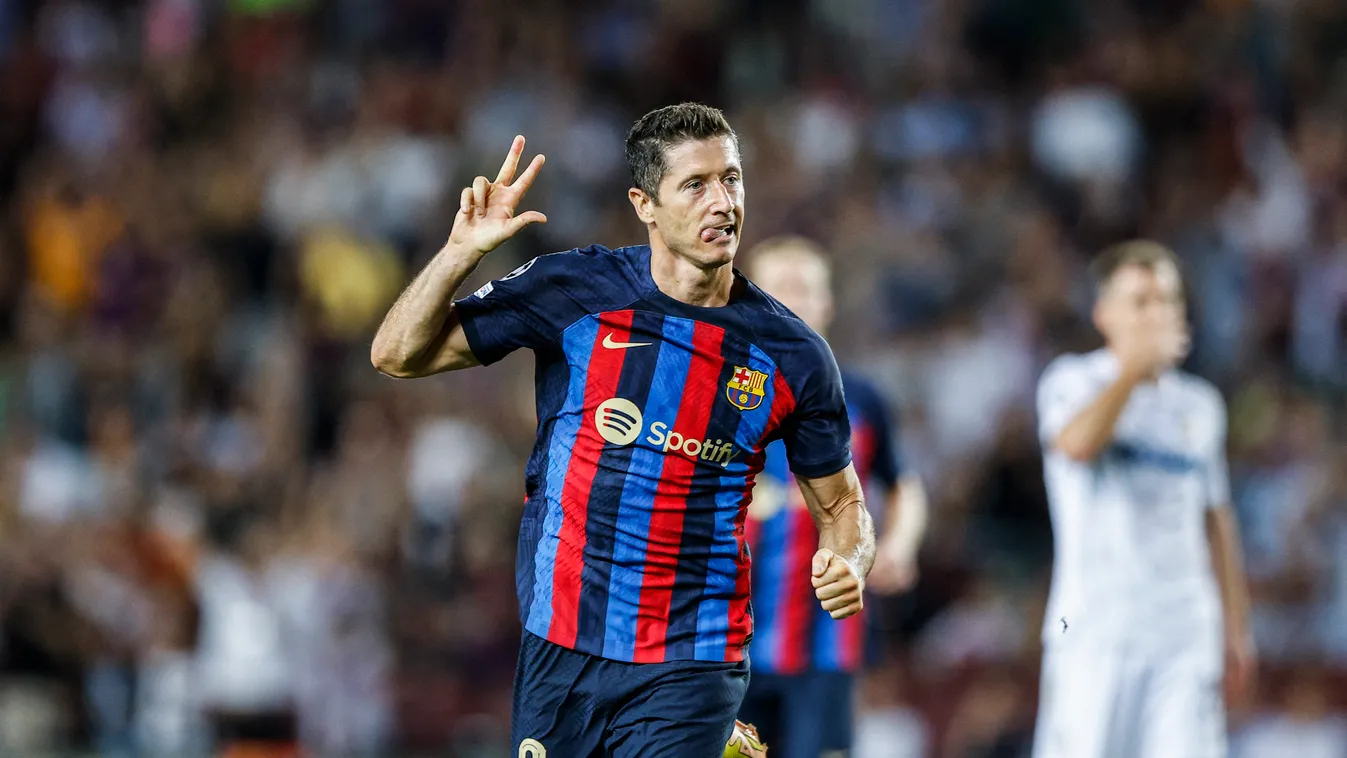 FC Barcelona - FC Viktoria Plezen - UEFA Champions League FC Barcelona Barcelona Viktoria Plezen Czech Republic futbol soccer fussbal 2022 2023 celebrates hattrick Robert Lewandowski One Person Three quarter lenght UEFA Champions League match Spotify Camp