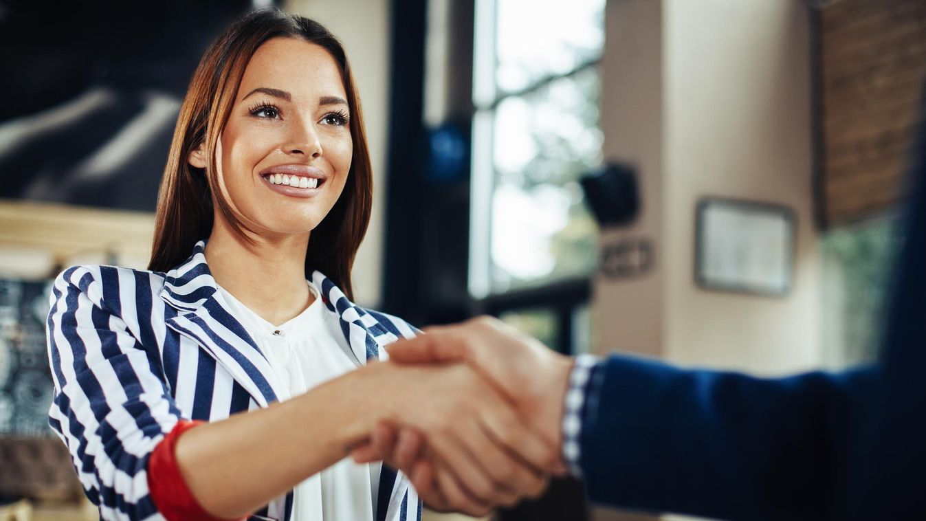 Businesswoman and businessman handshake in the cafe Businesswoman Businessman Women Females Men Males Handshake Greeting Caucasian Ethnicity Meeting Success Teamwork Partnership Agreement Happiness Business Human Hand Occupation People Cafe Restaurant Con