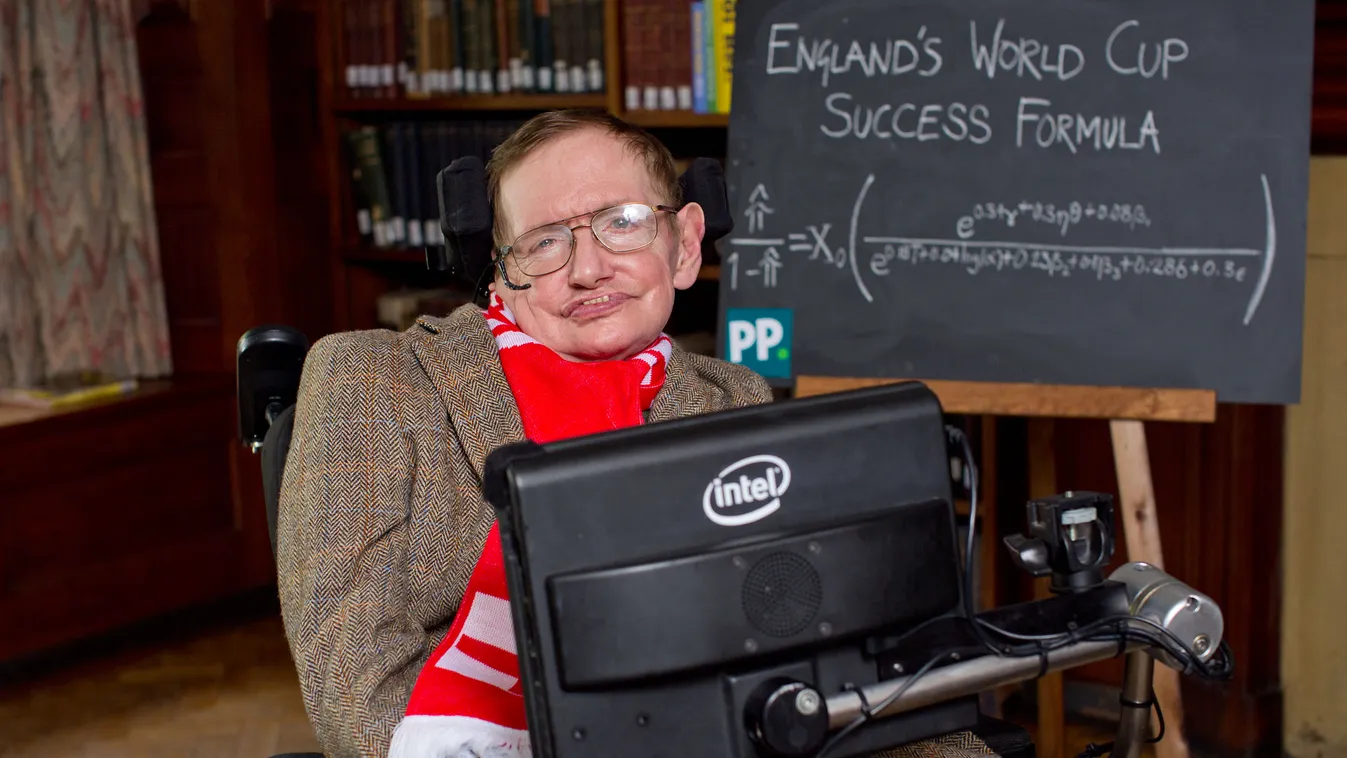 This handout picture received from bookmakers Paddy Power on May 28, 2014 shows Professor Stephen Hawking after he presented a formula in London to predict the chances of England winning the 2014 World Cup in Brazil.  Stephen Hawking, one of the world's l