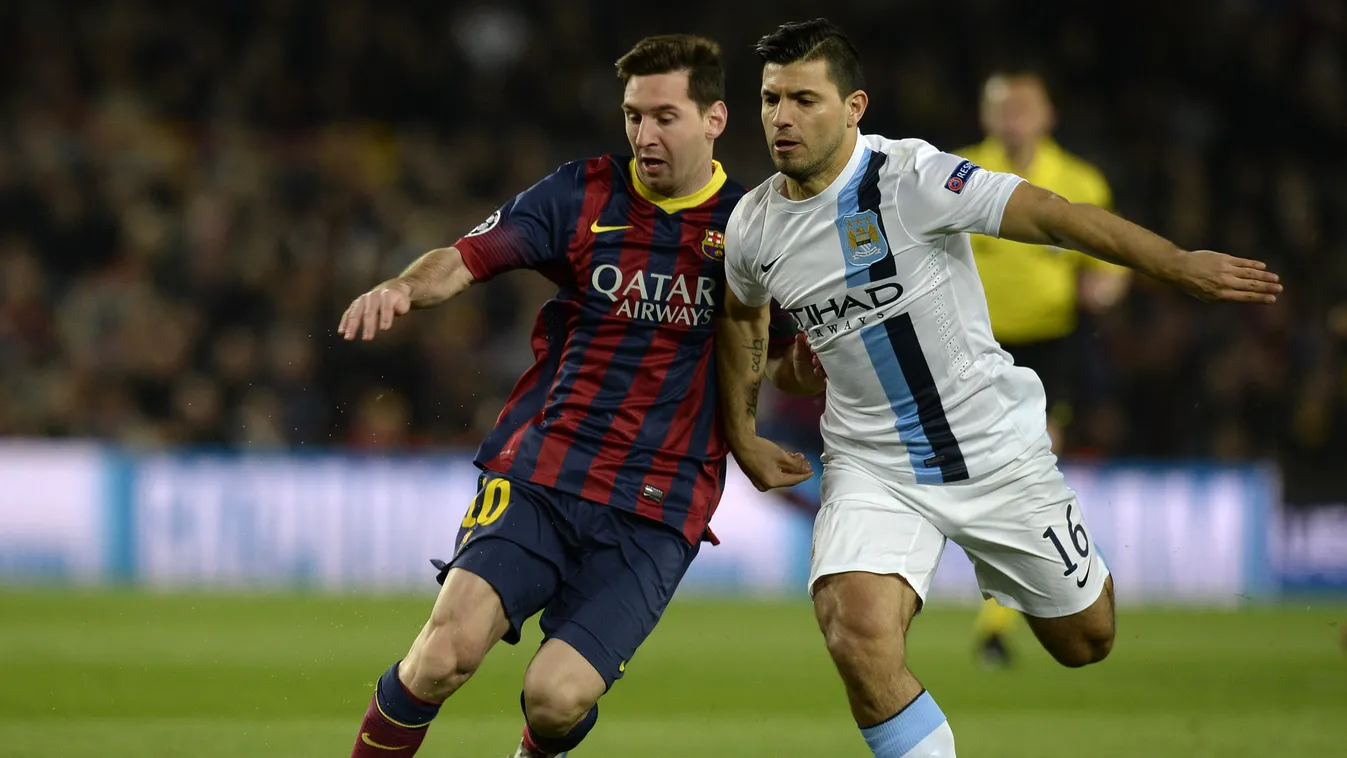 463412751 Barcelona's Argentinian forward Lionel Messi (L) vies with Manchester City's Argentinian striker Sergio Aguero (R) during the UEFA Champions League round of 16 second leg football match FC Barcelona vs Manchester City at the Camp Nou stadium in 