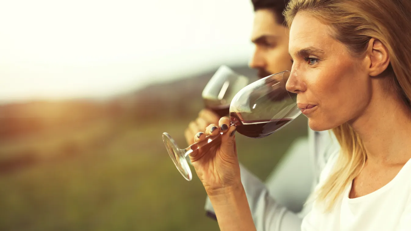 pár borozgat vörösbor iszik pohárból a természetben oldalnézetben 