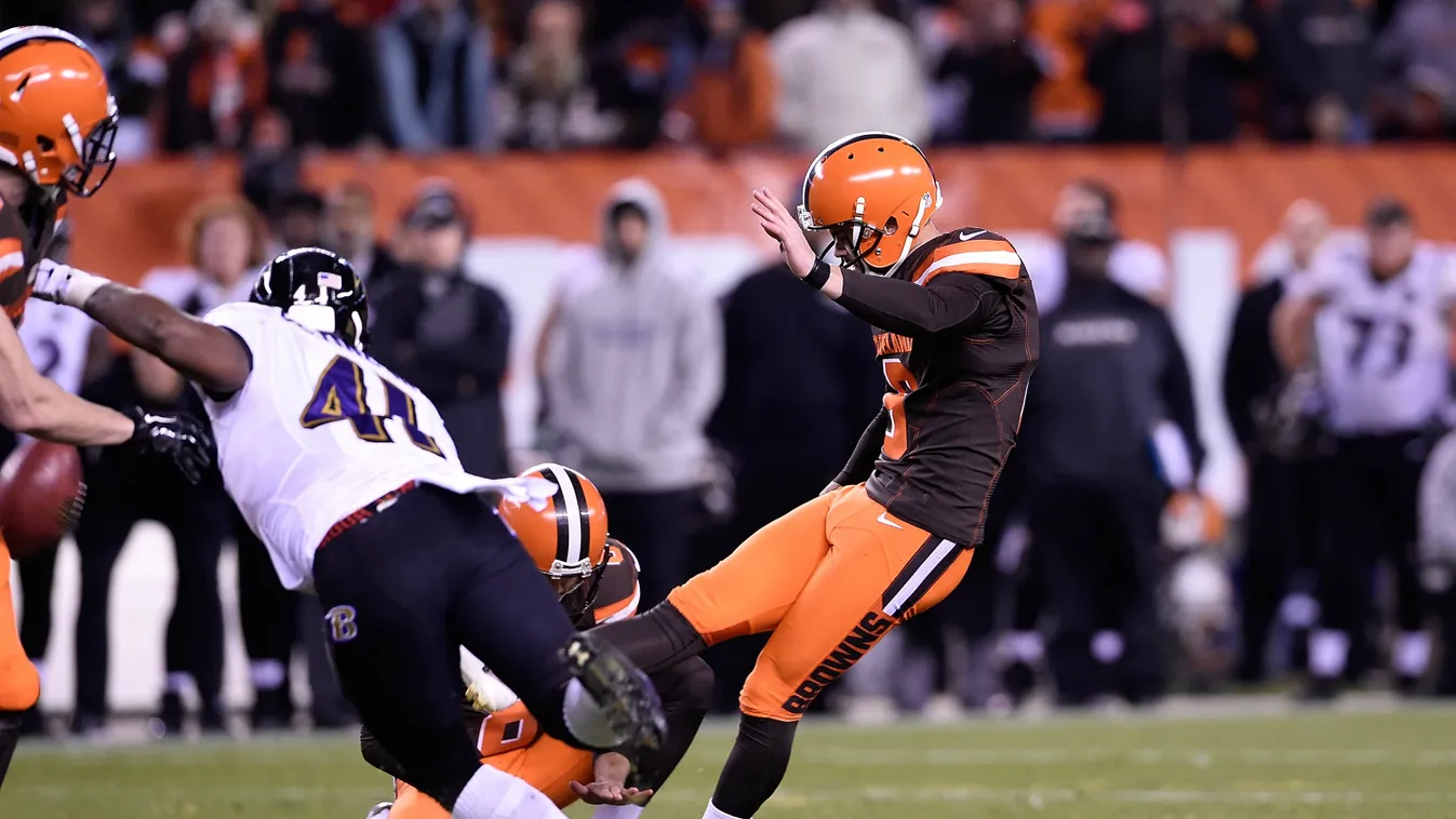 Travis Coons #6 of the Cleveland Browns has his field goal blocked during the fourth quarter against the Baltimore Ravens FirstEnergy Stadium on November 30, 2015 in Cleveland, Ohio. Baltimore won the game 33-27. 