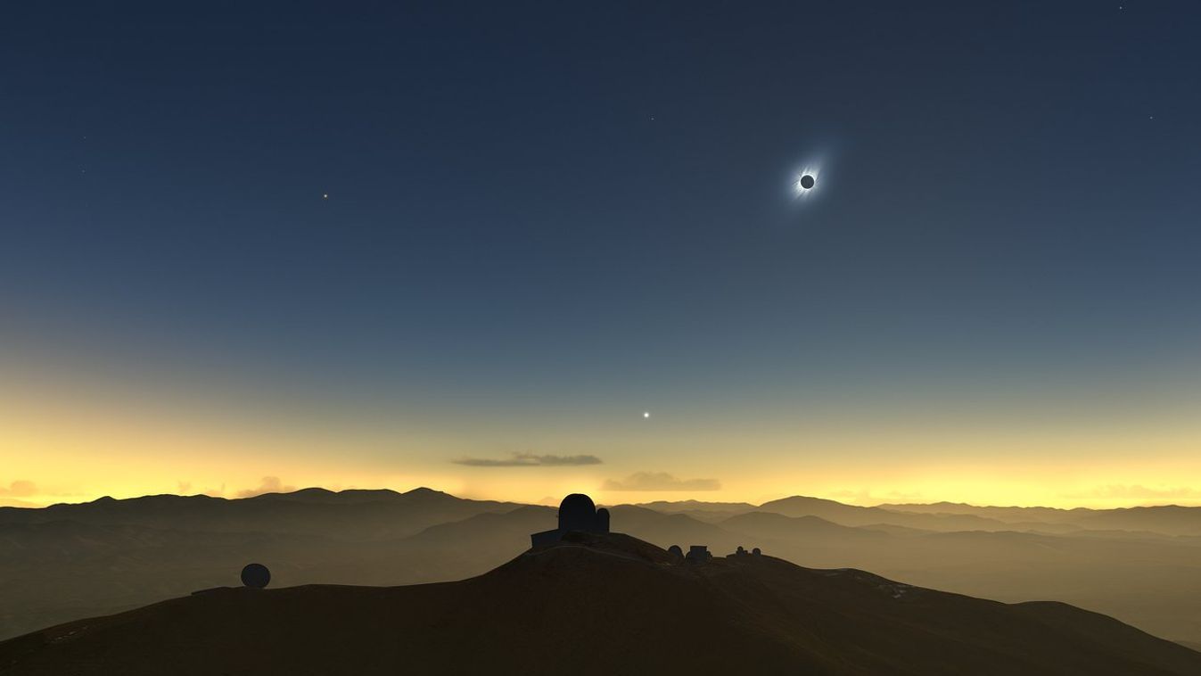 Teljes napfogyatkozás La Silla This artist’s impression shows how the total solar eclipse of 2 July 2019 will appear from ESO’s La Silla Observatory in Chile. The sun will be quite low in the western sky and, if the 
