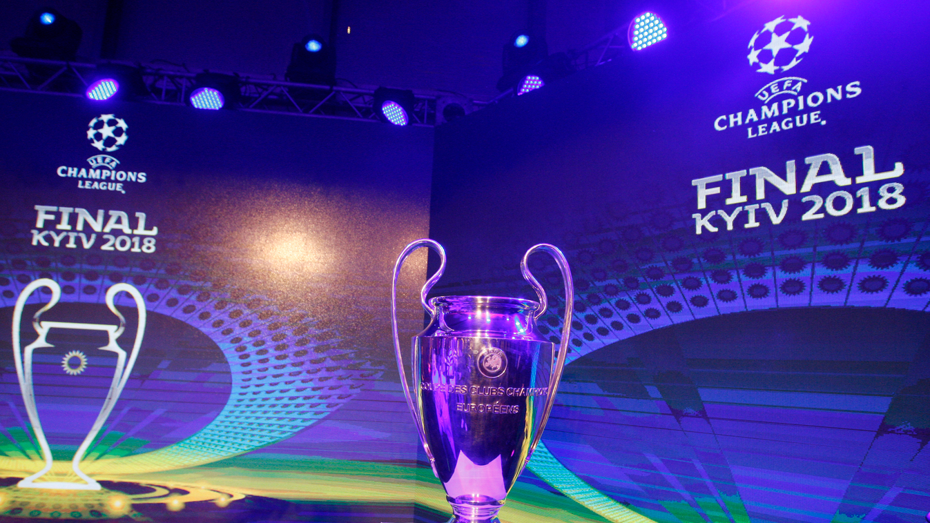 Presentation of the logo of the 2018 UEFA Champions League final Ukraine SPORT FOOTBALL qualifying Andriy Shevchenko PLAYER PRESS CONFERENCE Soccer PRESENTATION FINAL final match cup TROPHY LOGO 2018 UEFA Champions League 