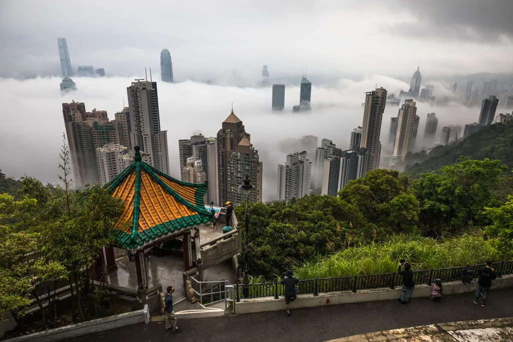 Hong Kong, Hongkong, Kína, felhőkarcoló, köd, felhő, időjárás, természet, látvány 