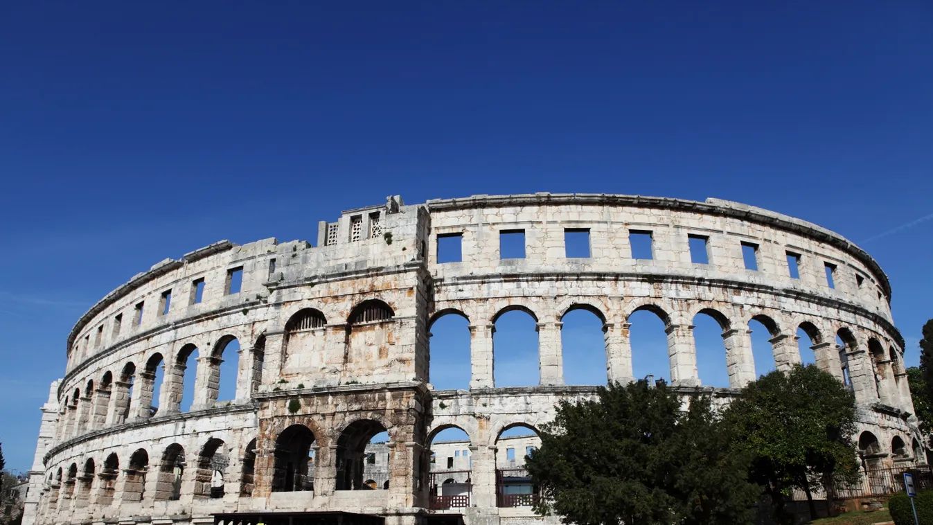 Pula Arena, a Roman amphitheatre, constructed from 27BC to 68AD, Pula, Istria, Croatia, Europe travel destination Photography Color Image HORIZONTAL day outdoors ARCHAEOLOGY archaeological sites ancient civilizations past HISTORY Roman arena arenas AMPHIT