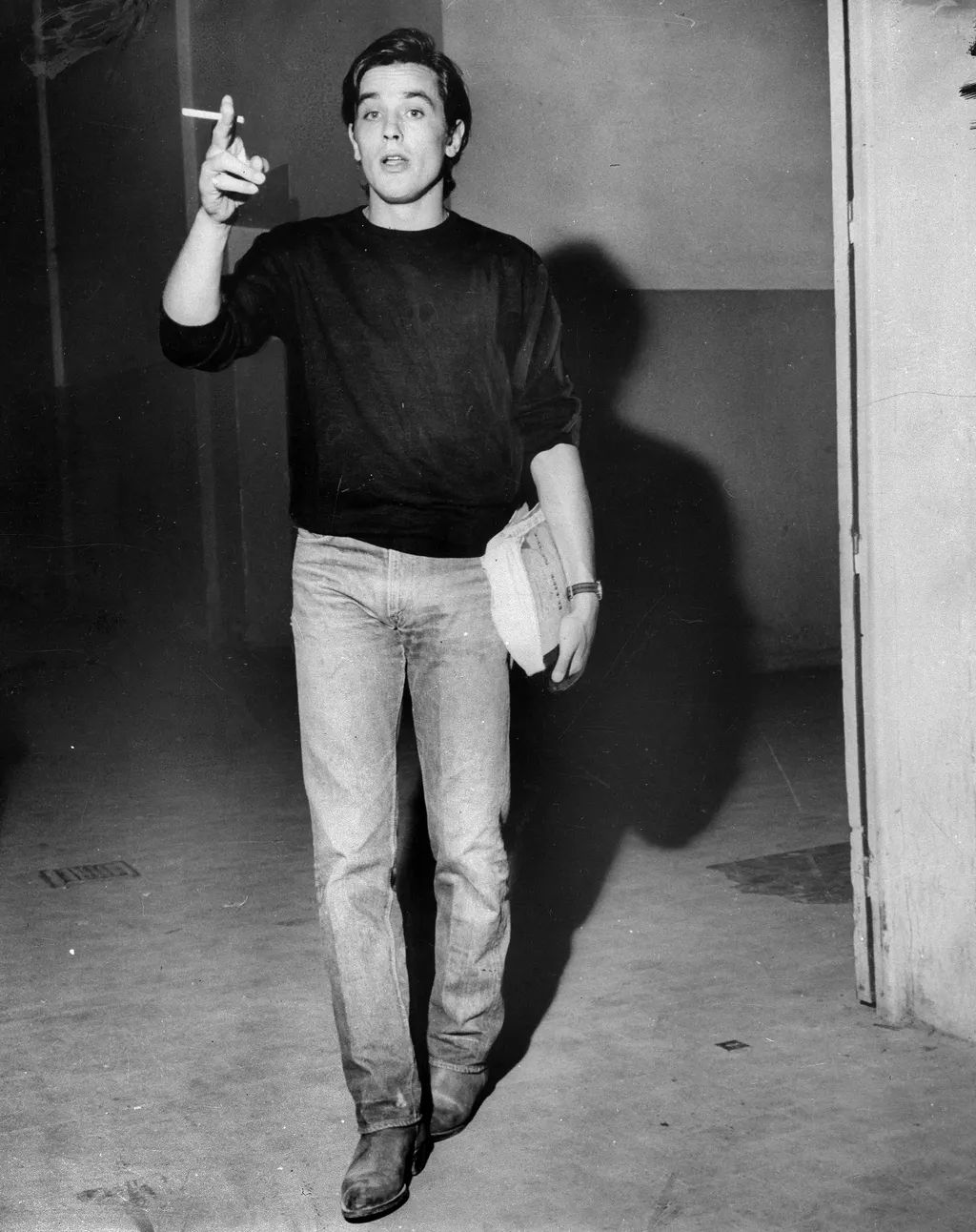 alain delon 88  Alain Delon (born in 1935), FRENCH ACTOR YOUNG BLUE JEANS COWBOY BOOT PANTS Vertical SMOKE TROUSERS TOBACCO 