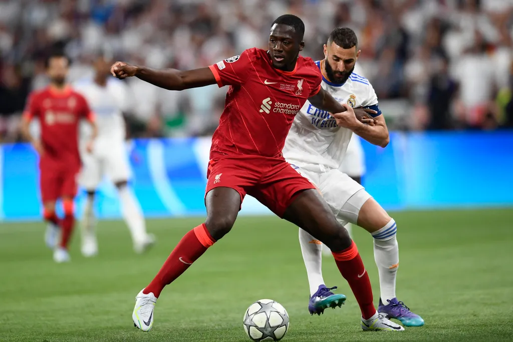 Liverpool FC v Real Madrid - UEFA Champions League Final 2021/22 players France England UK Liverpool FC Real Madrid Ibrahima Konate Karim Benzema UEFA Champions League final match Jose Breton ball May Paris Horizontal SPORT FOOTBALL MATCH UEFA CHAMPIONS L