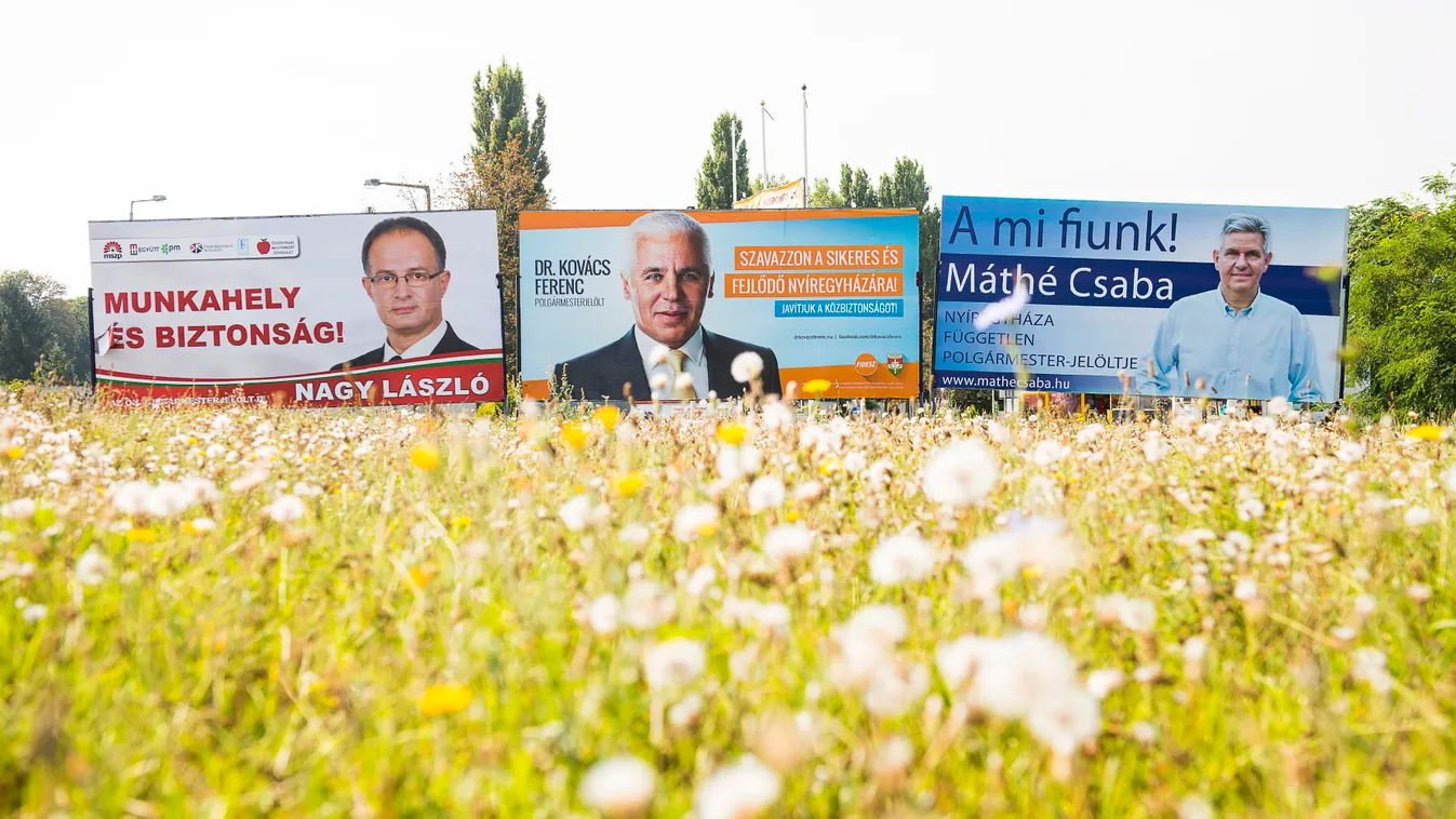 EGYÉB TÁRGY TÁRGY választási plakát Nyíregyháza, 2014. szeptember 8.
Polgármesterjelöltek választási plakátjai Nyíregyházán 2014. szeptember 8-án. Balról jobbra: Máthé Csaba független jelölt, Nagy László az MSZP, az Együtt-PM, a Demokratikus Koalíció, a F