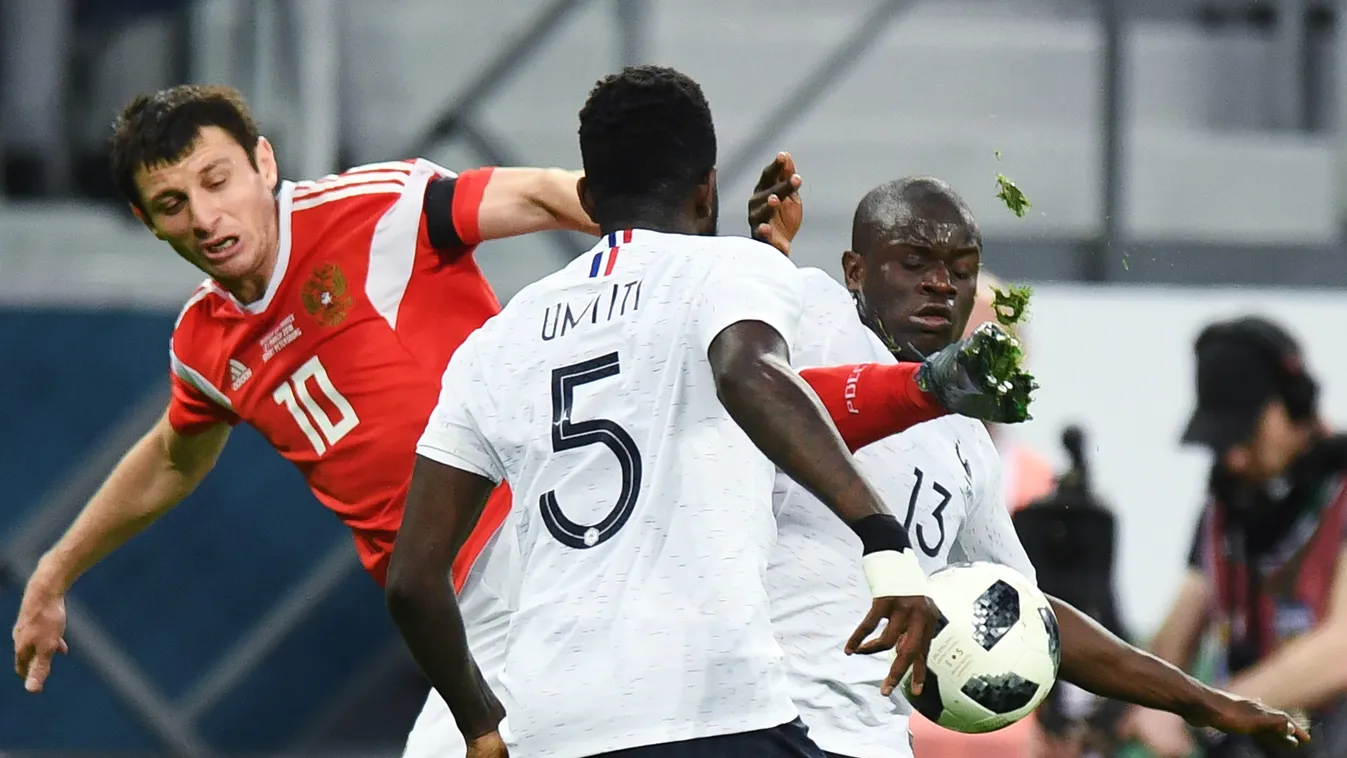 Football. Friendly match. Russia vs. France HORIZONTAL landscape, Oroszország, Franciaország, N'Golo Kanté, Samuel Umtiti 