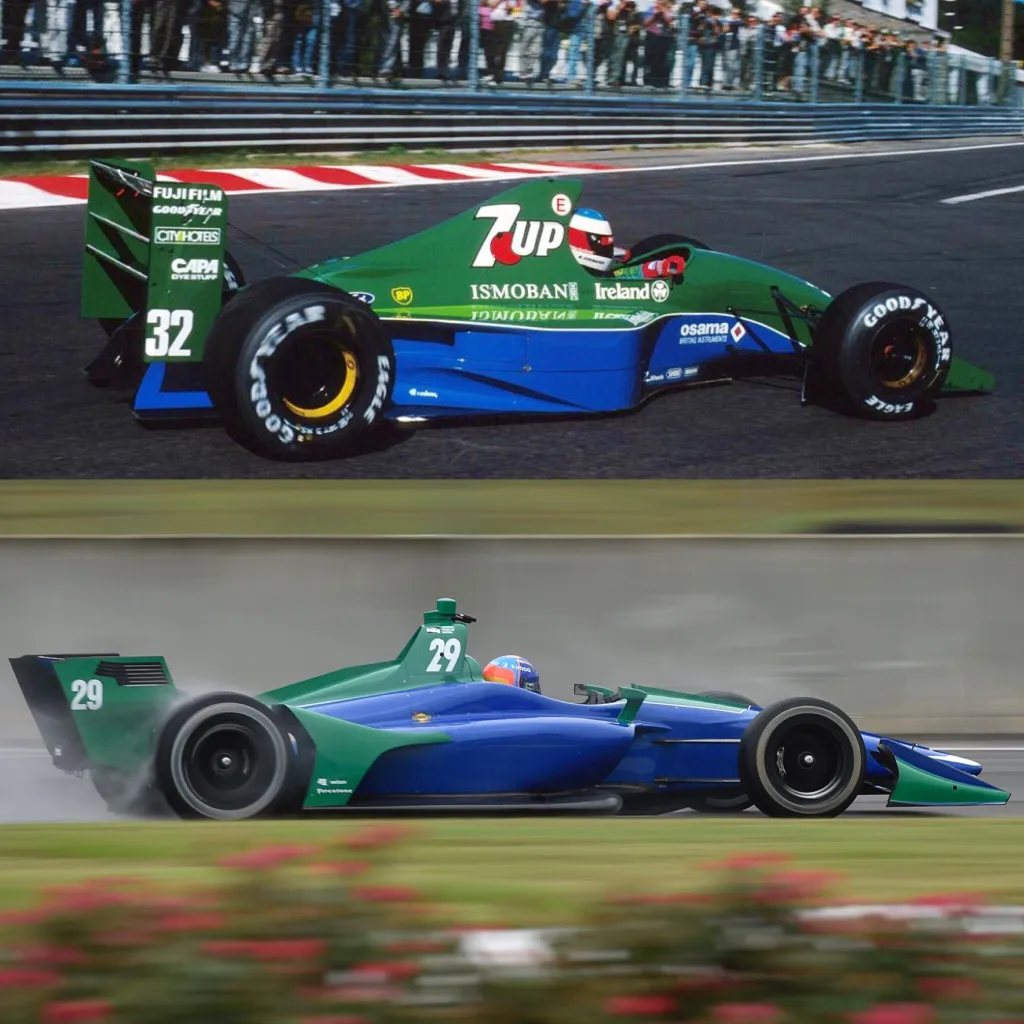 Felül Michael Schumacher az 1991-es Belga Nagydíjon a Jordanben, alul Alonso az IndyCar-teszte. Kísérteties a hasonlóság 