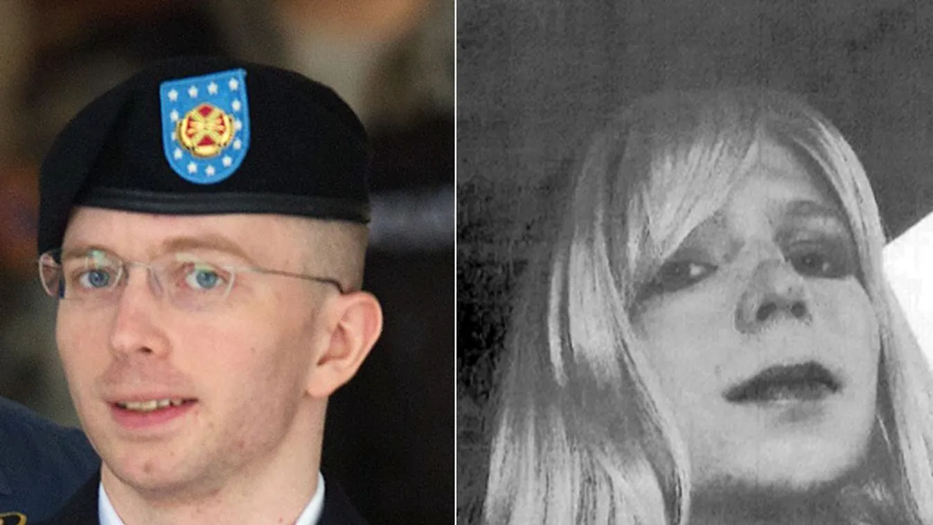 Bradley Manning a bíróságon 2013. július 30-án és nőnek öltözve az amerikai hadsereg által közreadott képen.