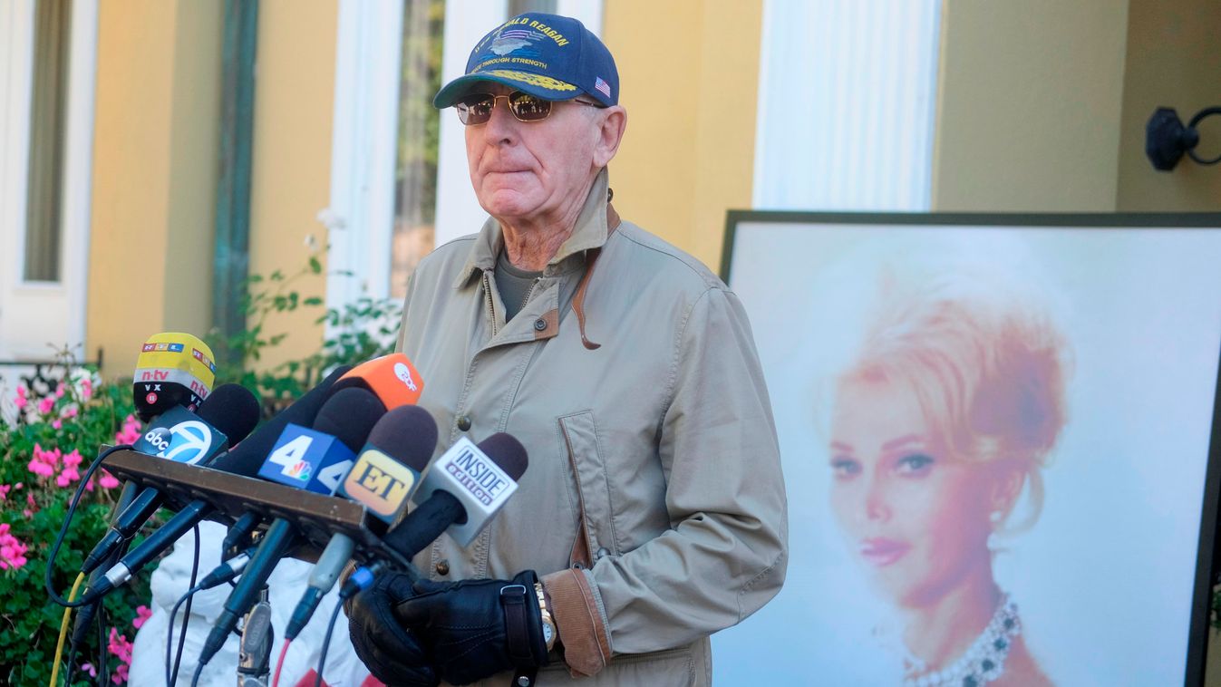 Horizontal Frederic van Anhalt speaks during a press conference, one day after the death of his wife, Zsa Zsa Gabor,(photo) at his home in Los Angeles California, on December 19, 2016. 
Zsa Zsa Gabor, the Hungarian-born Hollywood siren perhaps better know