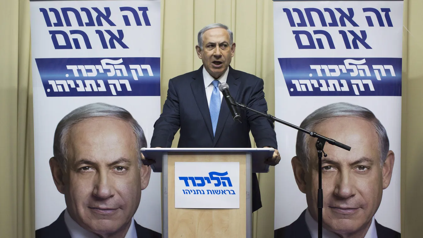 NETANJAHU, Benjámin Jeruzsálem, 2015. március 17.
Benjámin Netanjahu izraeli miniszterelnök, a jobbközép Likud párt vezetője televíziós beszédet tart jeruzsálemi hivatalában 2015. március 17-én, az izraeli parlamenti választások napján. (MTI/EPA/Tali Maye
