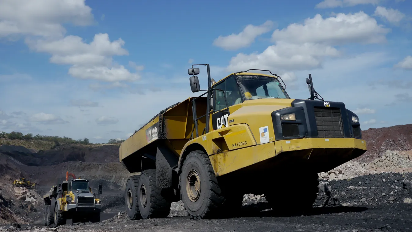Hwange, Zimbabwe - 2 March 2016 : Large trucks excavate coal from an open cast mine 