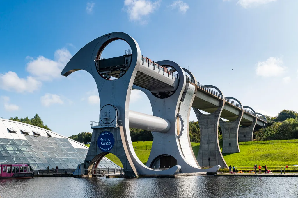 Falkirk Wheel rotating boat lift, Falkirk, Scotland travel destination Photography Colour Image outdoors day United Kingdom low angle view Scotland Scottish culture Falkirk Falkirk Wheel built structure engineering canal Forth lift 