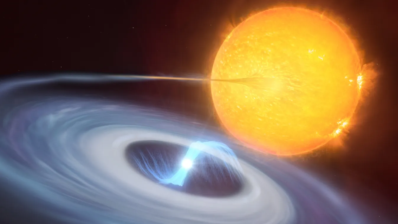 This artist’s impression shows a two-star system where micronovae may occur. The blue disc swirling around the bright white dwarf in the centre of the image is made up of material, mostly hydrogen, stolen from its companion star. Towards the centre of the