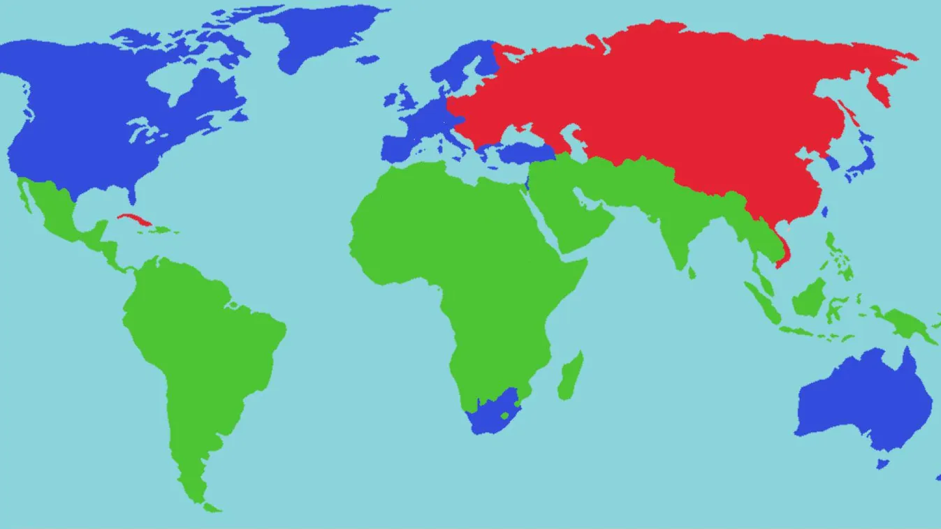 A hidegháború szembeálló feleinek eloszlása. A vörös a szovjet szövetségeseket, a kék az amerikai szövetségeseket jelöli. A zöld területek jelzik az ún. harmadik világot 