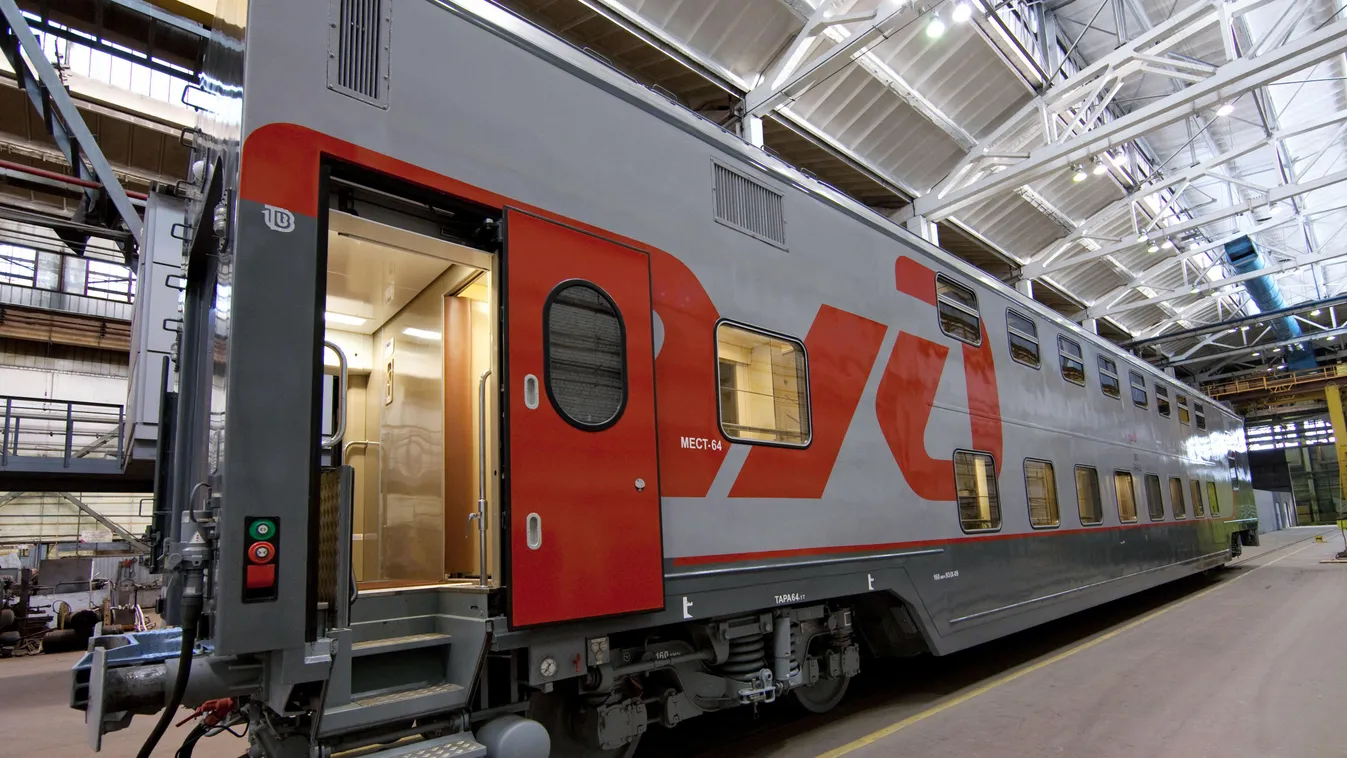 Double-decker passenger train car at Tver Wagon Works production russian railways HORIZONTAL 