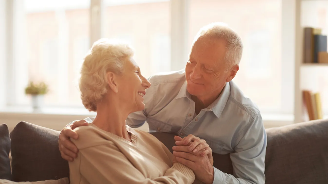 Loving Senior Couple senior mature old elderly adult retired retirement pensioner modern contemporary man woman couple wife husband family love support care tender empathy home indoors leisure sunlight posing portrait hug hugging embrace embracing loving 