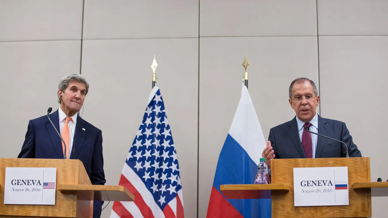 Russia-United States Joint Press Conference In Geneva Geneva Geneva 2016 Switzerland Switzerland 2016 POLITICS John Kerry SECRETARY OF STATE FOREIGN MINISTER Sergey Lavrov Prees PRESS CONFERENCE WAR Conflicts Syria TERRORISM Terrorists People 26 August 20