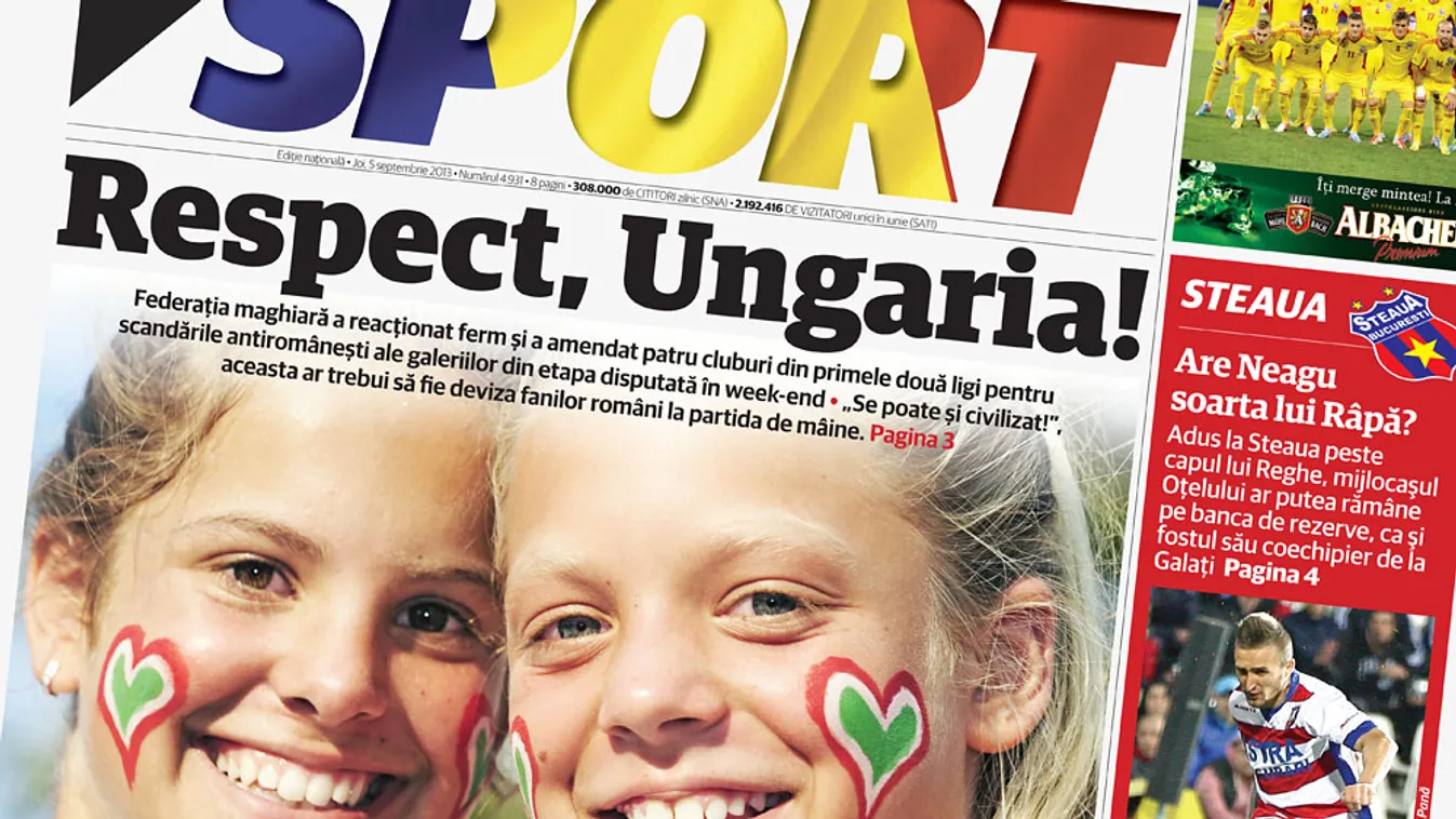 Tisztetre buzdító címlap magyar szurkolókkal a román Pro Sport újság címlapján