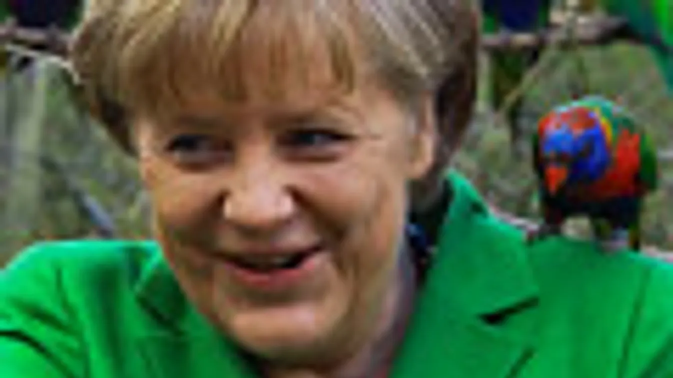 Angel Merkel német kancellár a marlowi madárparkba látogatott április 17-én. Több papagáj is a fejére és a vállára ült.