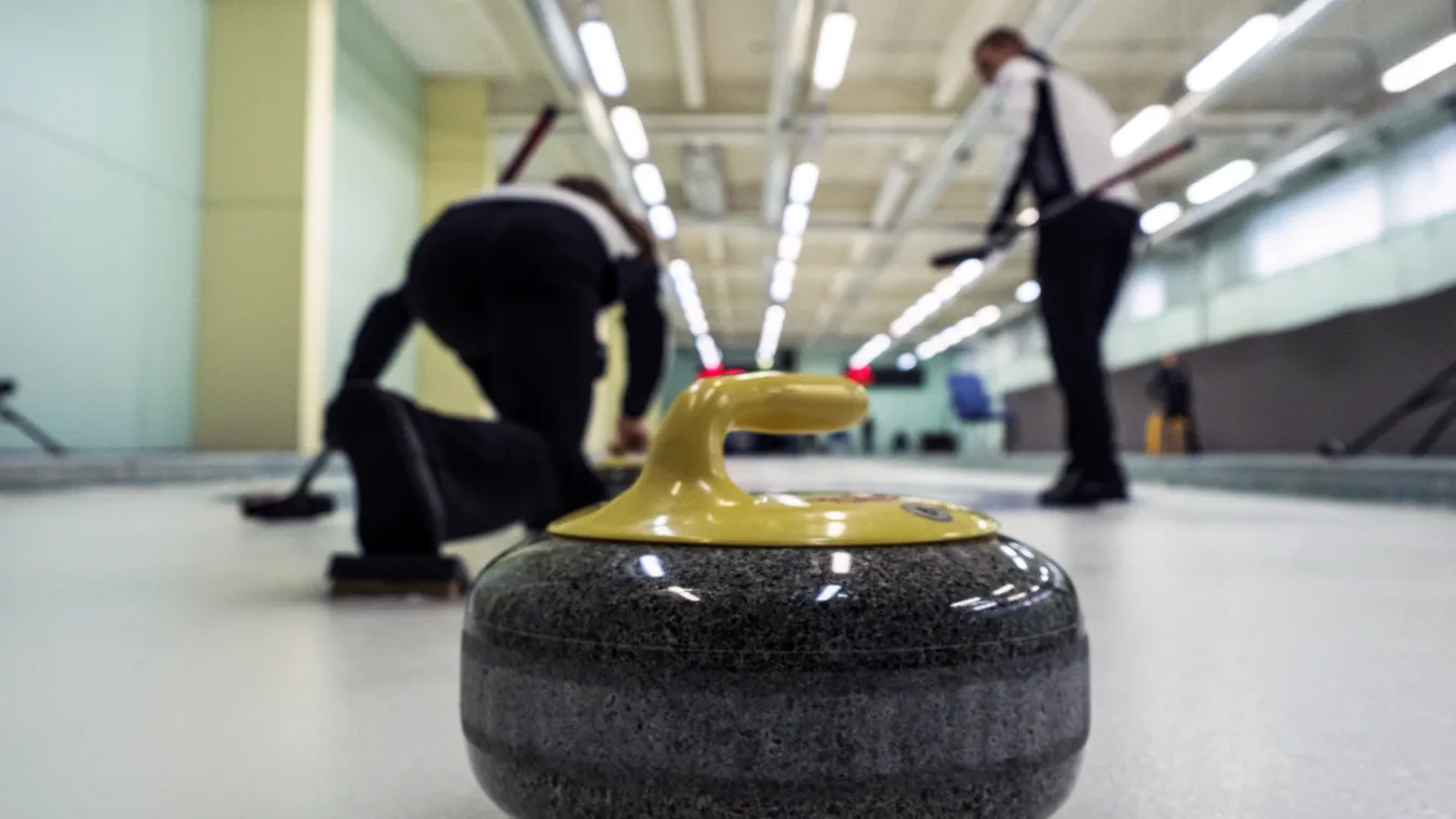 Curling. Training of Russia's national team equipment stone landscape HORIZONTAL 