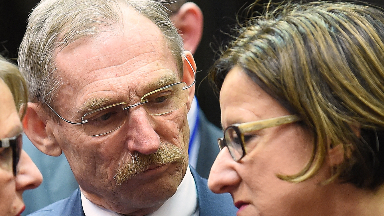 Horizontal Hungarian Interior Minister Sandor Pinter (L) speaks with Austria's Interior Minister Johanna Mikl-Leitner prior to a Justice and Home Affairs Council, at the European Council in Brussels on March 10, 2016.
EU interior ministers were set to mee
