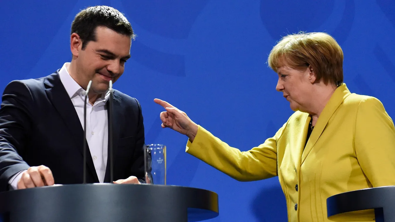 HORIZONTAL PRIME MINISTER PRESS CONFERENCE EUROPEAN UNION DIPLOMACY CHANCELOR WOMAN GESTURE German Chancellor Angela Merkel (R) points the way to Greek Prime Minister Alexis Tsipras after a press conference following talks at the chancellery in Berlin, on