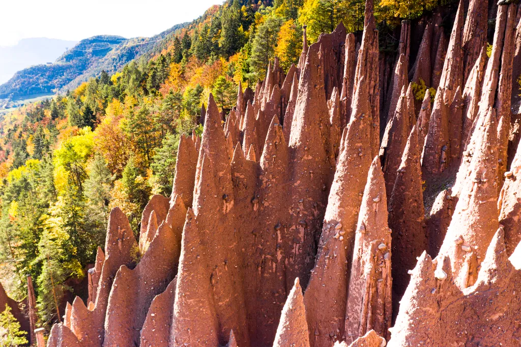Spiked rocks of the earth pyramids in autumn, Longomoso, Renon/Ritten, Bolzano, South Tyrol, Italy Photography Color Image Travel Destinations Travel Outdoors Day No People Bolzano Province South Tyrol Rock Formation Renon Longmoso Bolzano Tree Daytime Fo